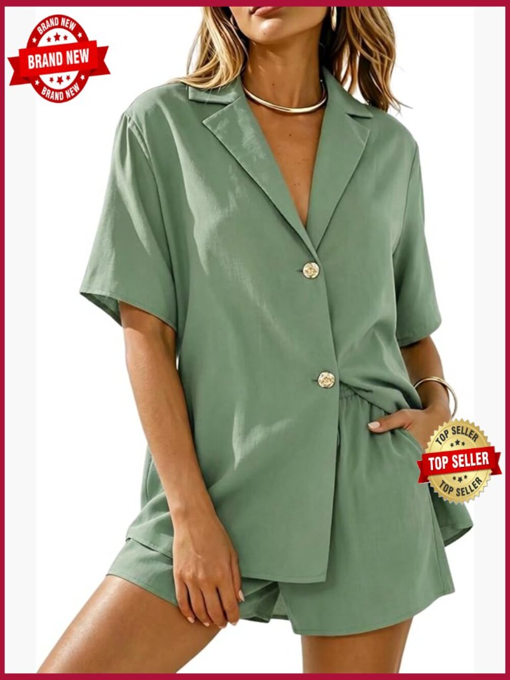 Women's Linen 2 Piece Button Down Short Set Summer Beach Vacation Outfit